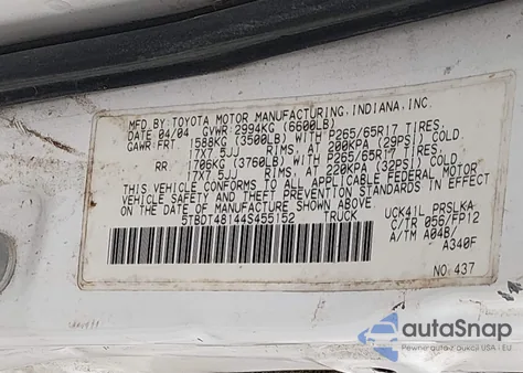 2004 Toyota Tundra из США, поврежденный, VIN LOT-1-44501451